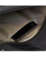 Front zippered compartment has open slip pocket