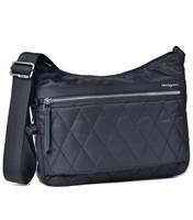 Front zippered compartment has one open slip pocket