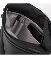 Hidden zippered compartment has pen loops and one open slip pocket