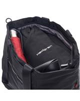 Main compartment contains one zippered pocket with RFID protection, two open pockets, two pen holders and one mesh pocket