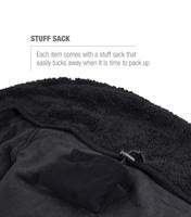 Seat warmer compresses into included a stuff sack for transport and storage