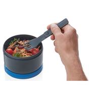 Utensils telescopes out to form comfortable utensils for everyday use but also slides down for easy storage