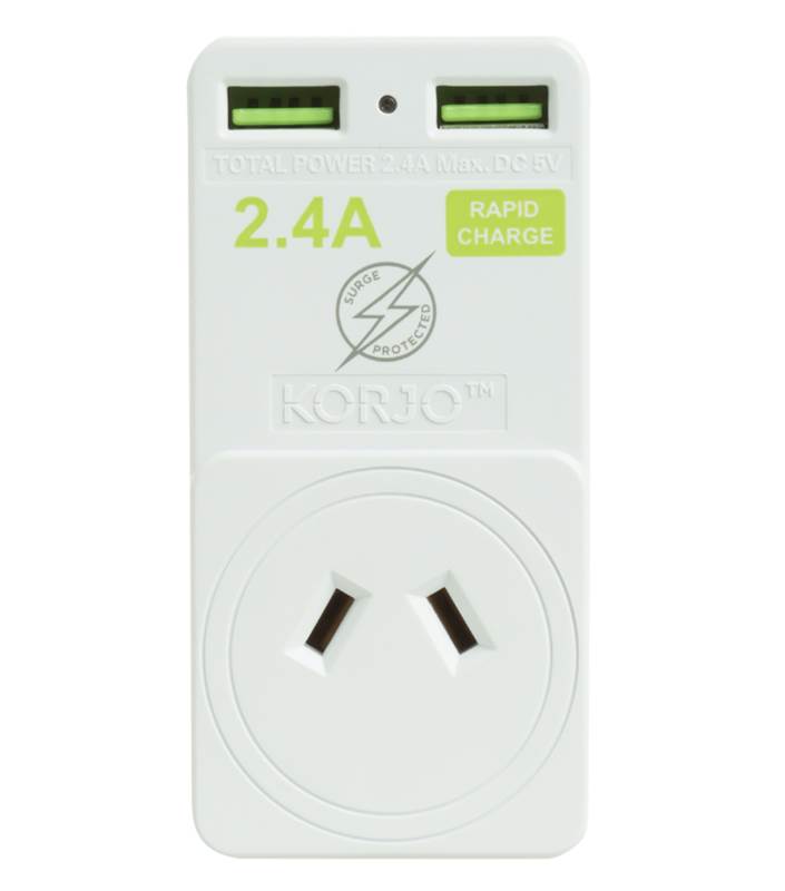 Korjo 2 Port USB Charger and Power Travel Adaptor - Europe, Italy, Switzerland and Australia