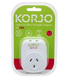 Korjo USB-C + A Charger - AUS/NZ Socket To USA Plug - Power Adaptor