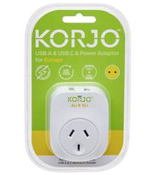 Korjo USB-C + A Charger - AUS/NZ Socket to Europe Plug (Not UK) - Power Adaptor