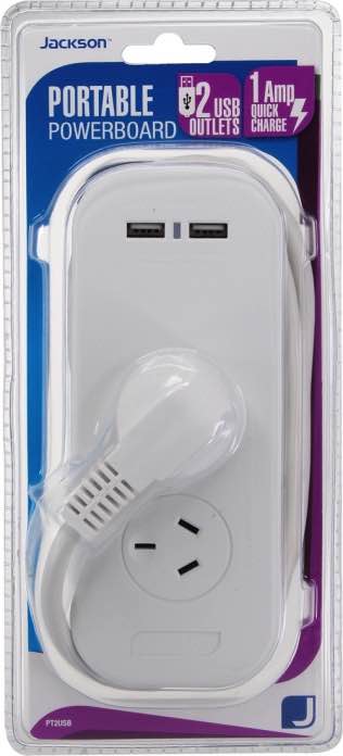 2 Outlet Travellers Powerboard with 2x USB charging outlets and Surge Protection