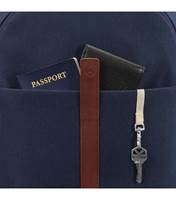 Exterior features front pocket and key fob with magnetic snap and zip closures