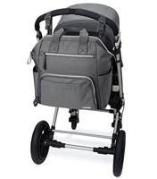 Hangs neatly on a stroller with clip-on stroller straps