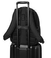 Pass-Thru trolley strap slides over wheeled luggage handles for easy travel with multiple bags